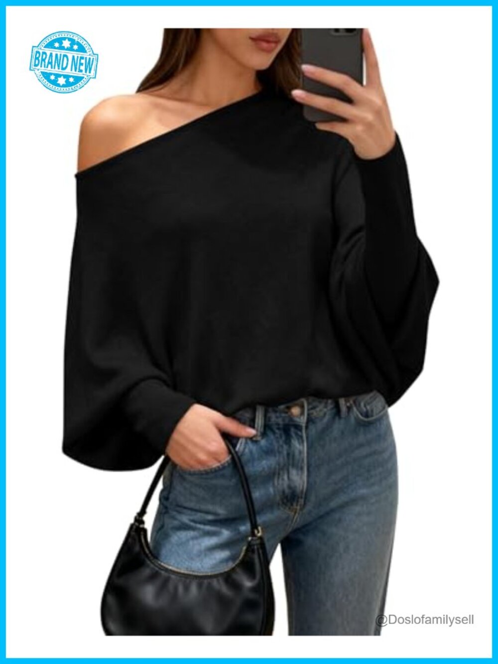 Off Shoulder Batwing Knit Pullover Sweater Loose Fit Fall Winter